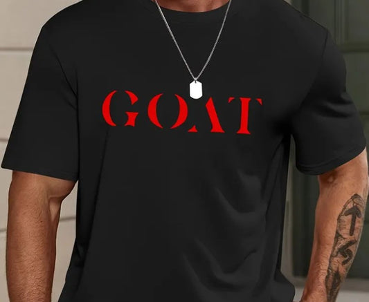 A black t-shirt with red text GOAT!